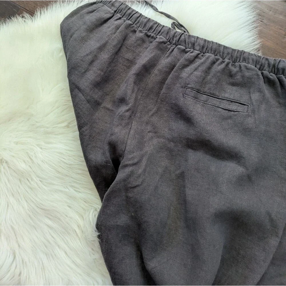 Zara 100% Linen Grey Greige Pull On Elastic Wide Leg Pants L Large